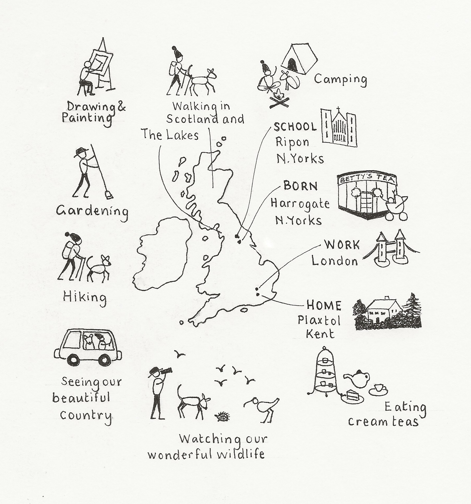 Map of the UK showing Camilla's interests